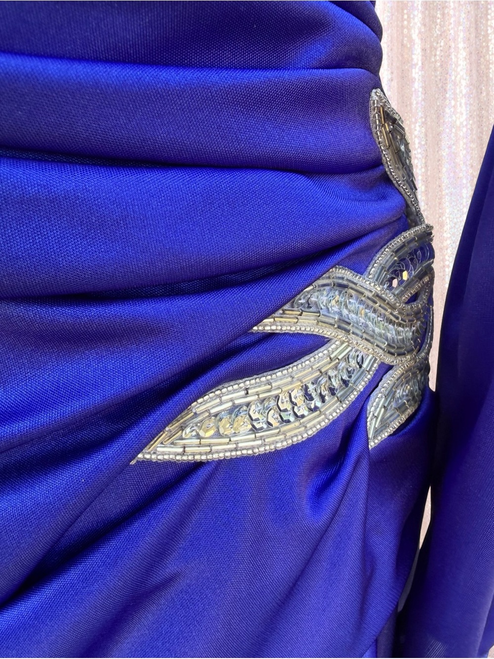 Vintage Capricorn Cobalt Blue Beaded Draped Midi Dress Sz 12 USA - Picture 7 of 16